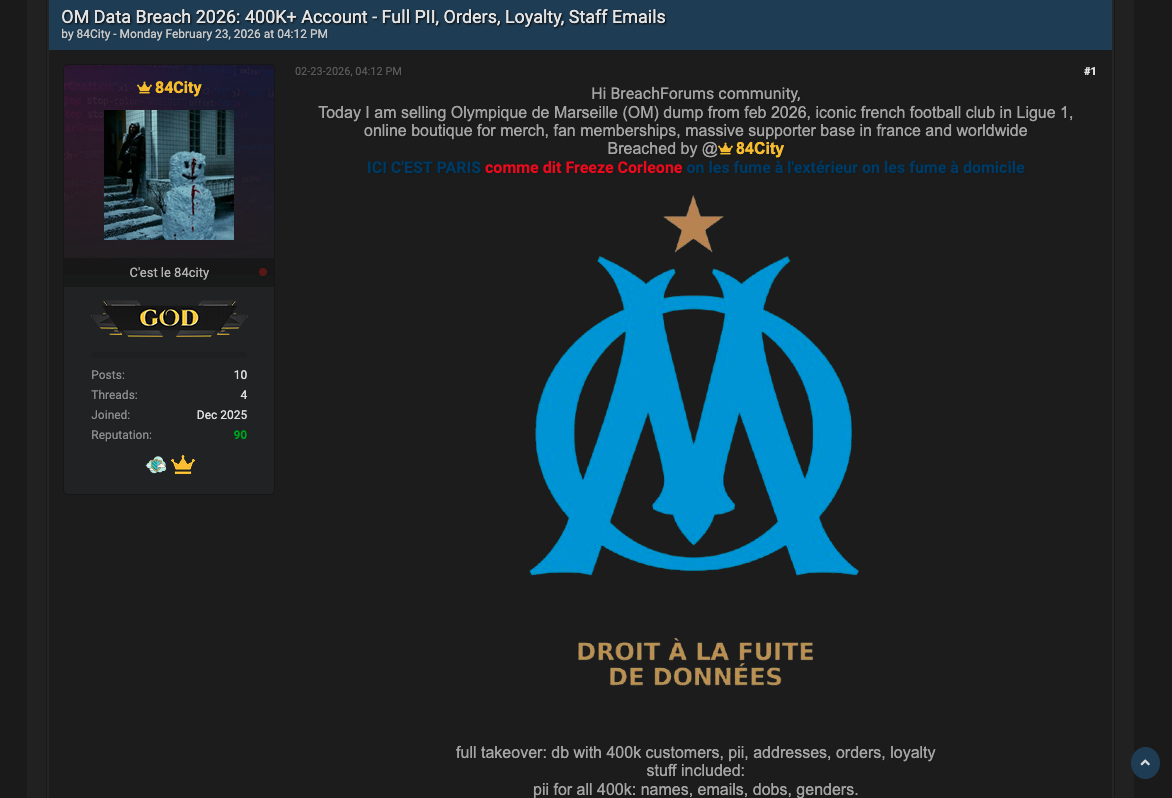 Olympique de Marseille entry on hacking forum