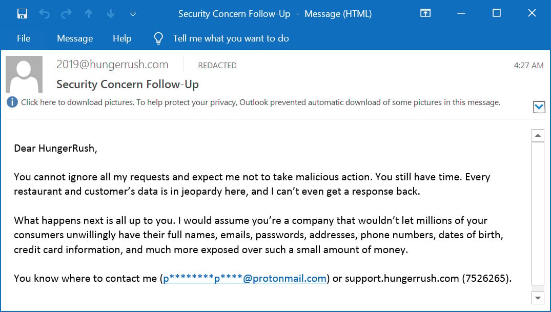 Second extortion email sent to HungerRush clients' customers