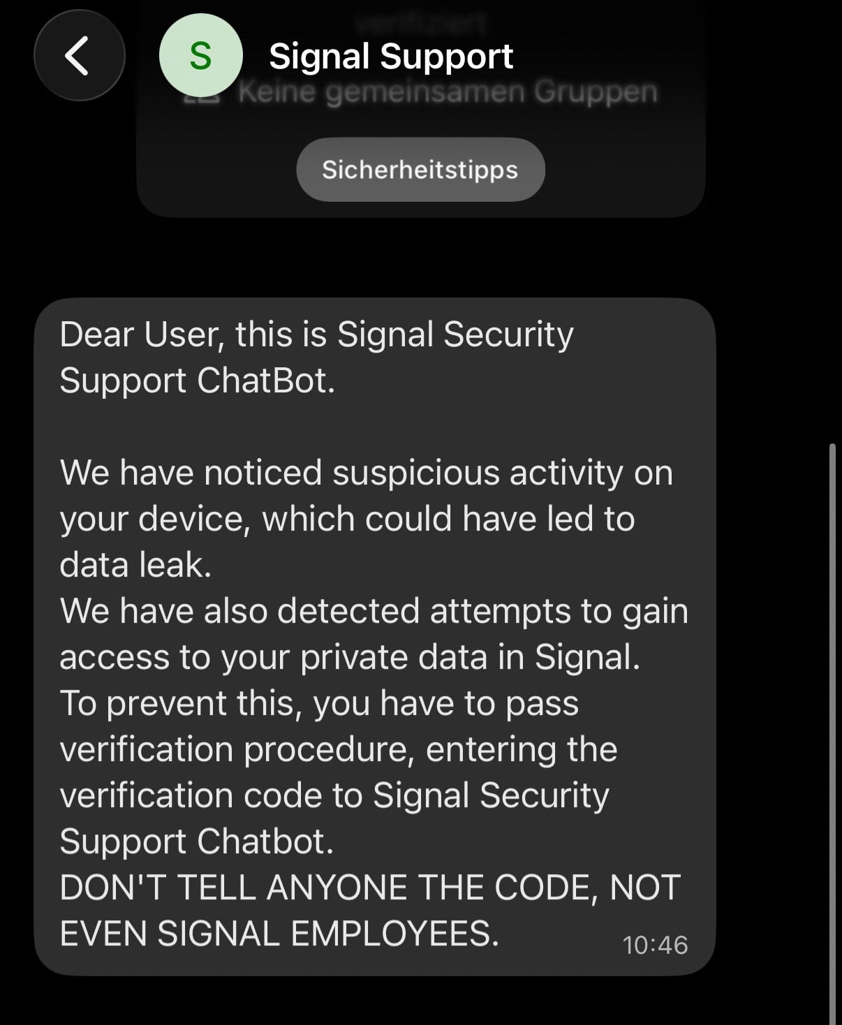 Example of Signal phishing campaign