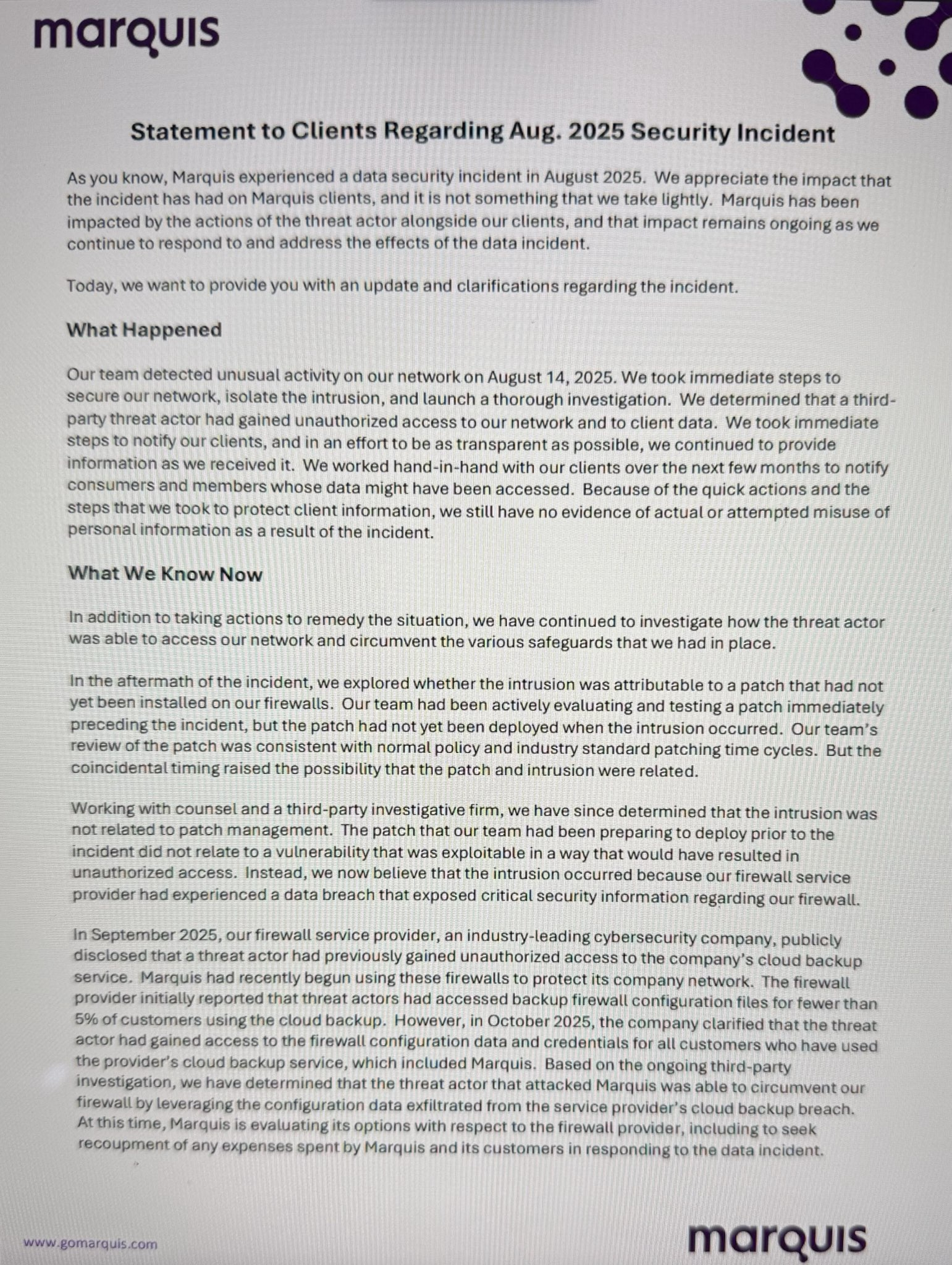 Marquis January statement