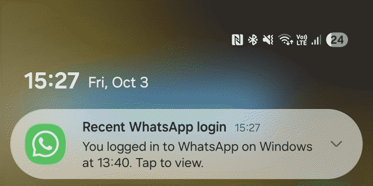 WhatsApp alert informing the user that their account had been linked to another device (source: ESET research)