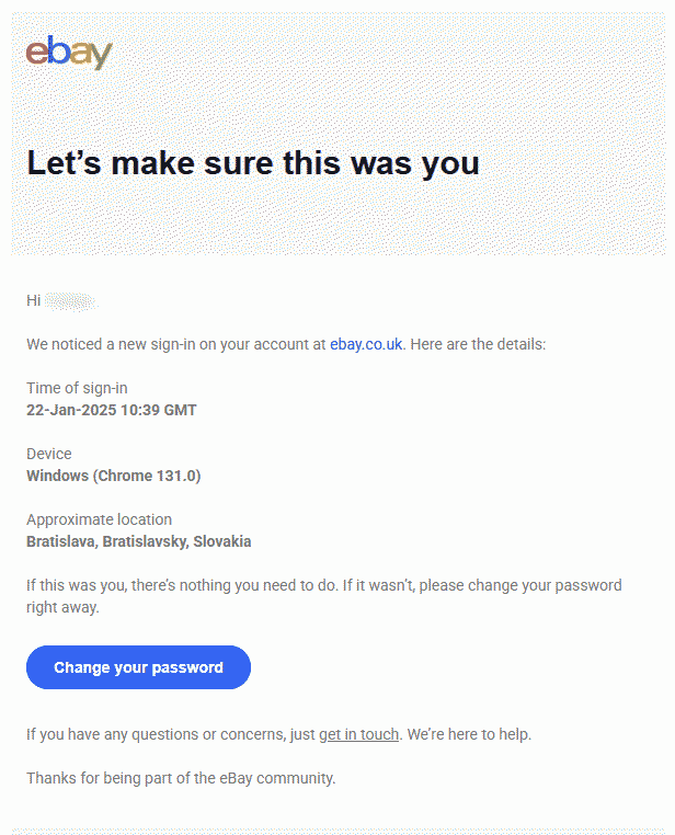 Example of an eBay login alert