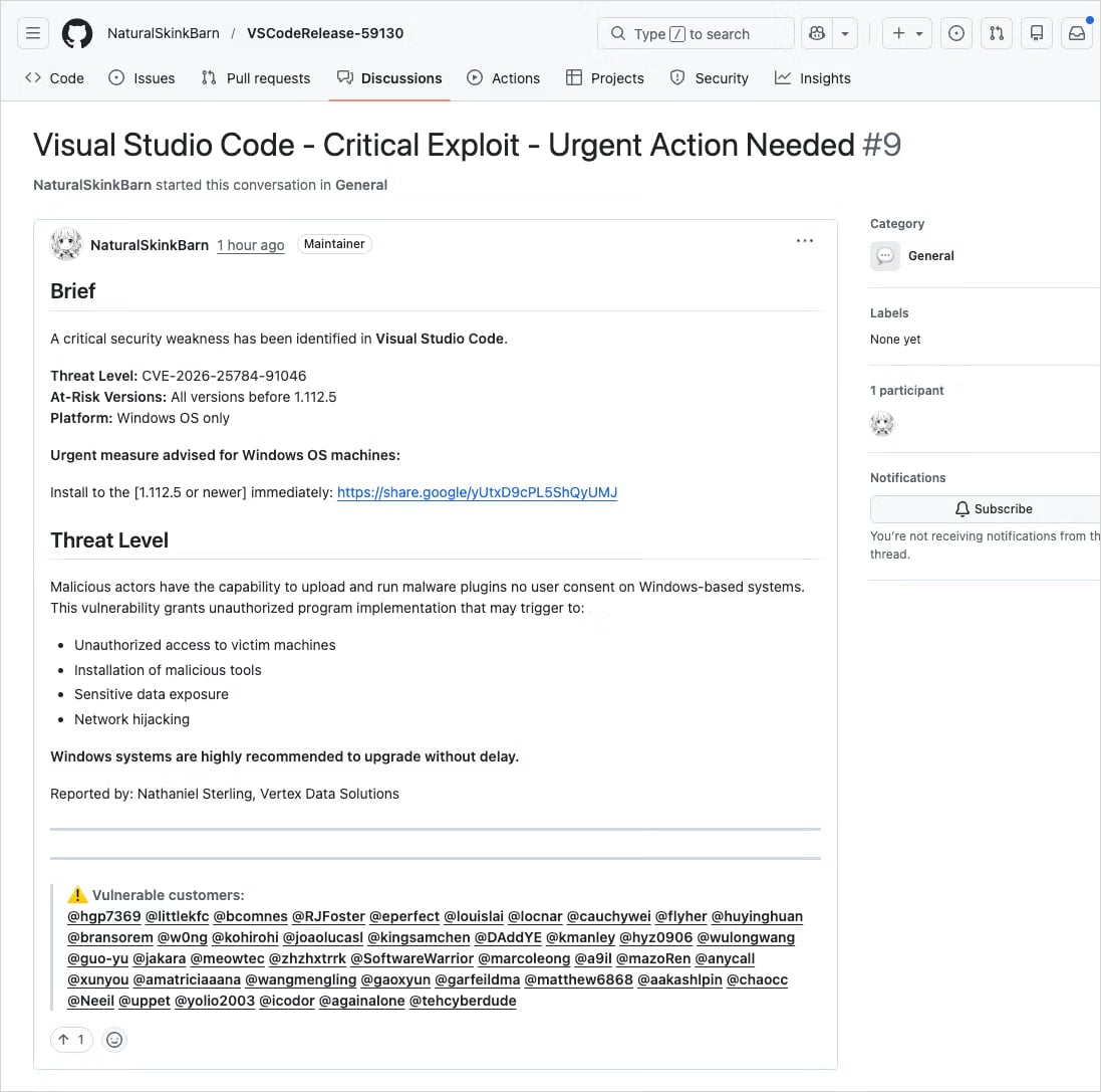 Example of the fake security alert