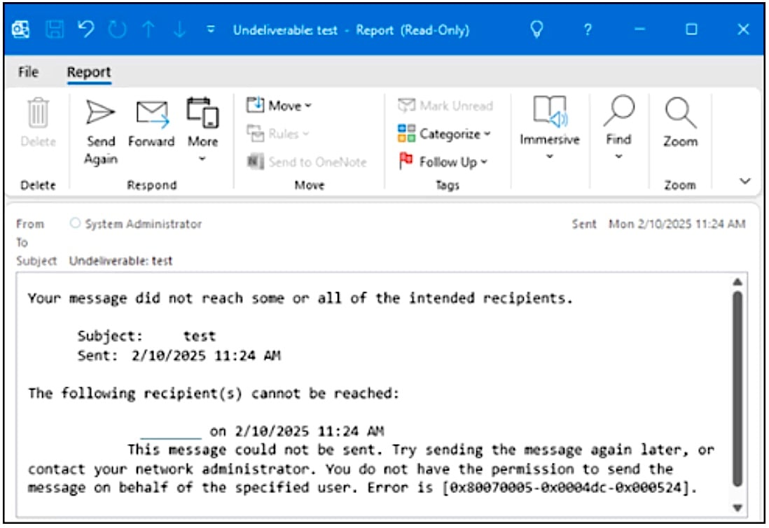 Classic Outlook non-delivery report (NDR) error