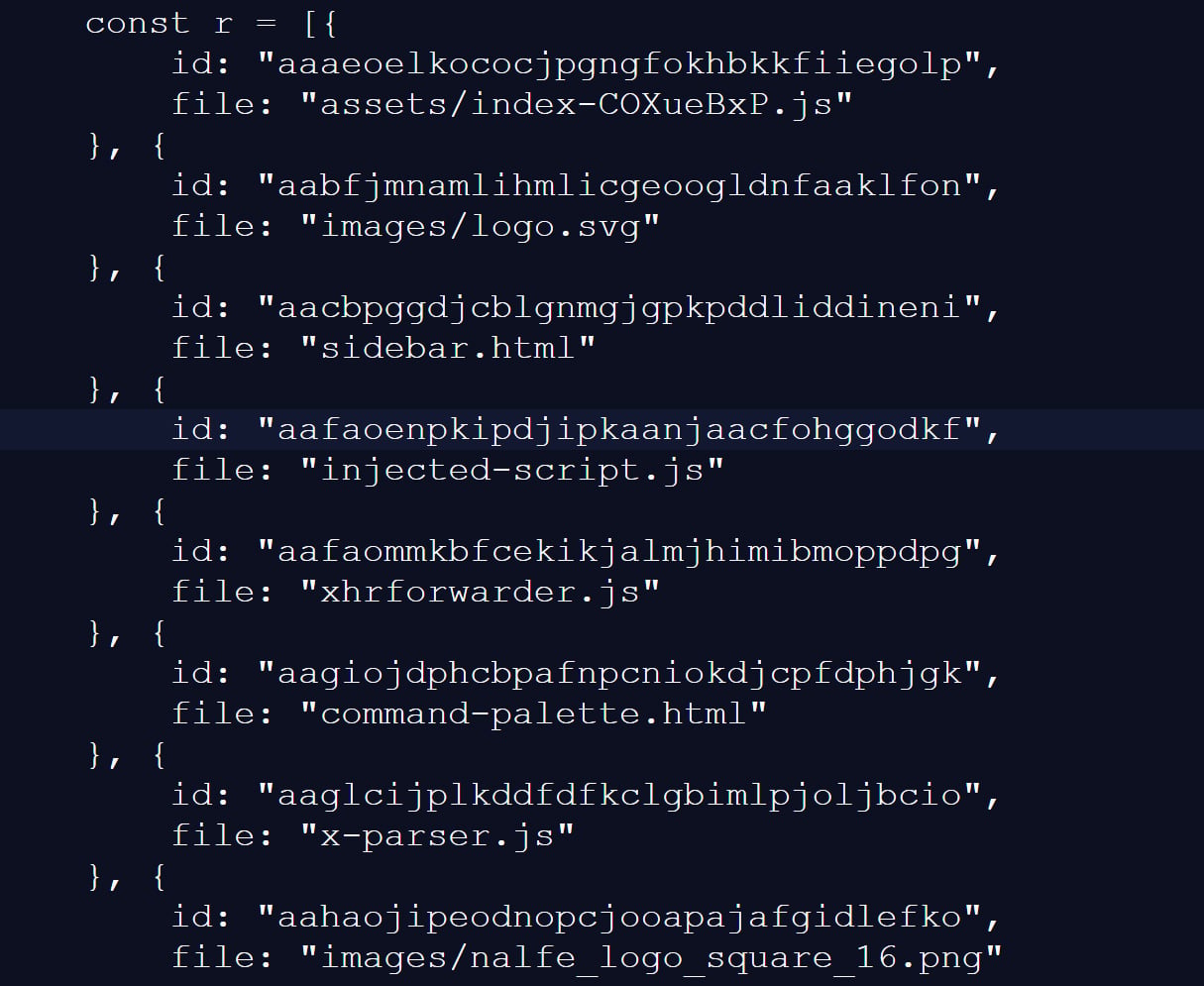 Snippet of the list of extensions scanned for by LinkedIn's script