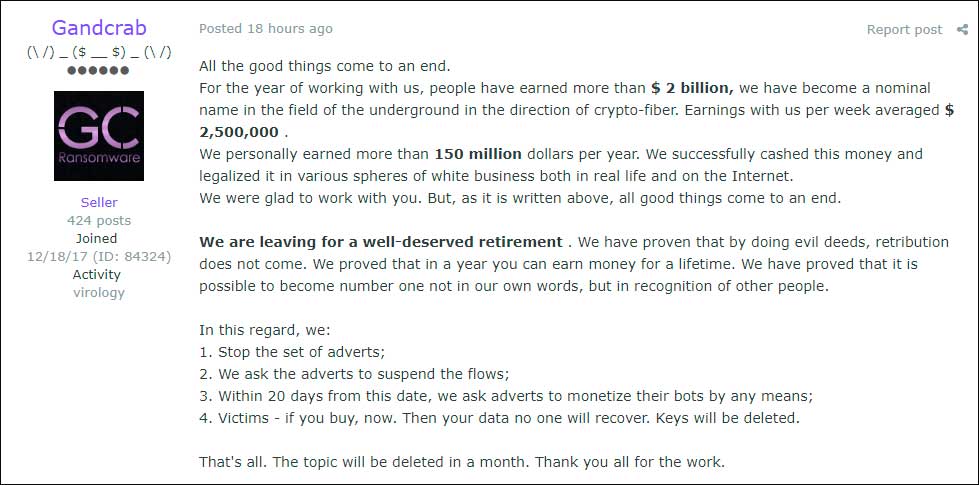 GandCrab leader announcing their retirement