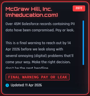 McGraw Hill entry on ShinyHunters' extortion portal