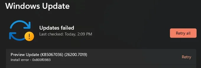 Windows update 0x800f0983 error