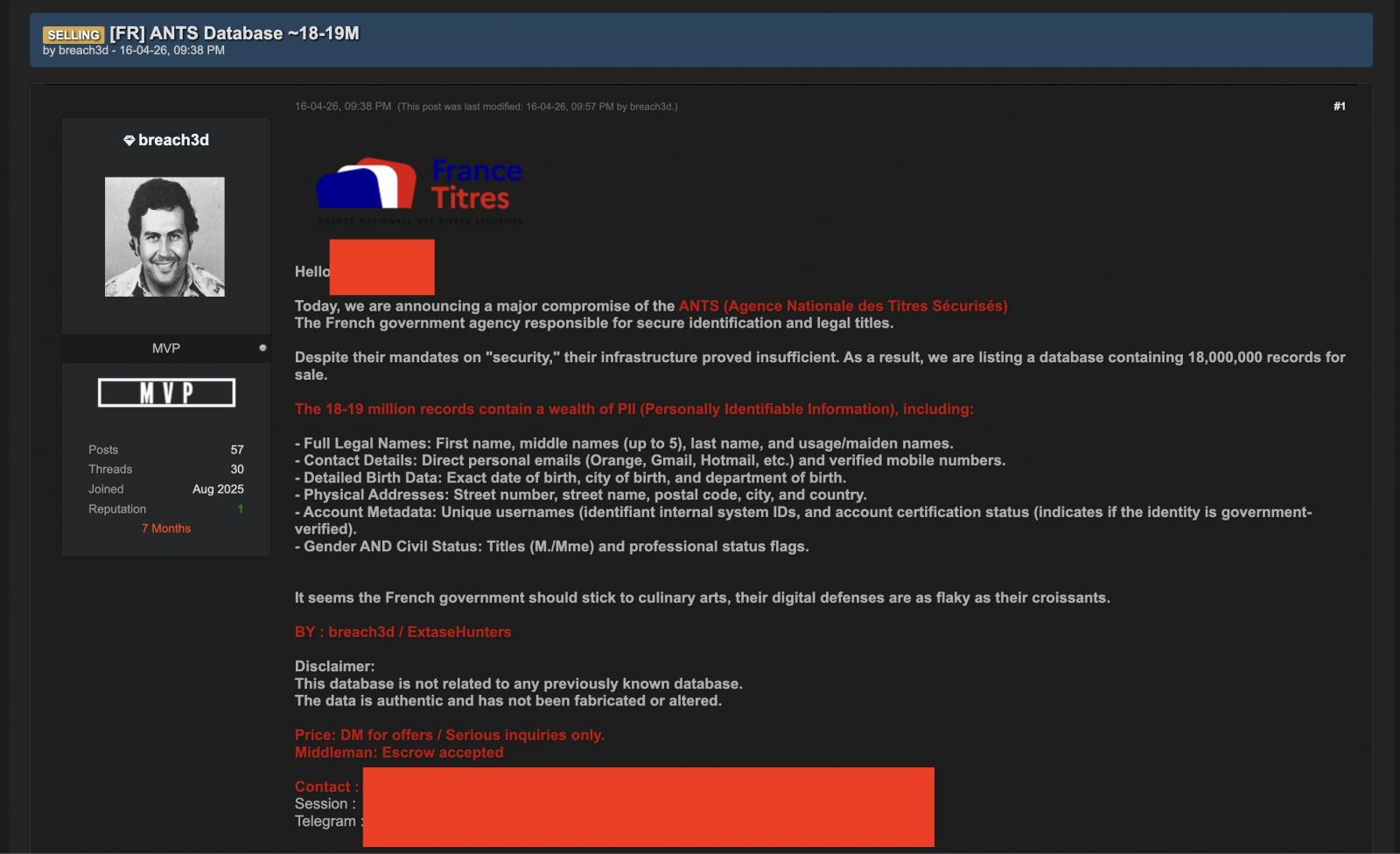 Threat actor's forum post