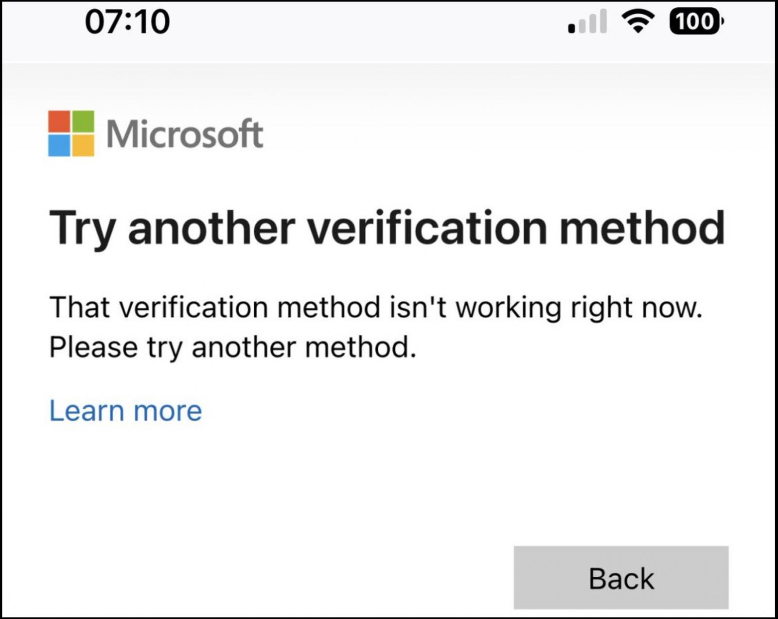 Outlook sign-in error message