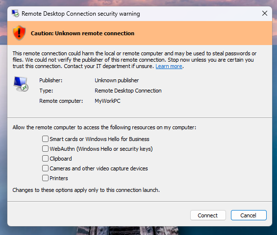 Remote Desktop Connection security warning