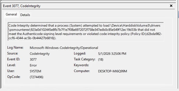 'Event 3077' entry in Event Viewer
