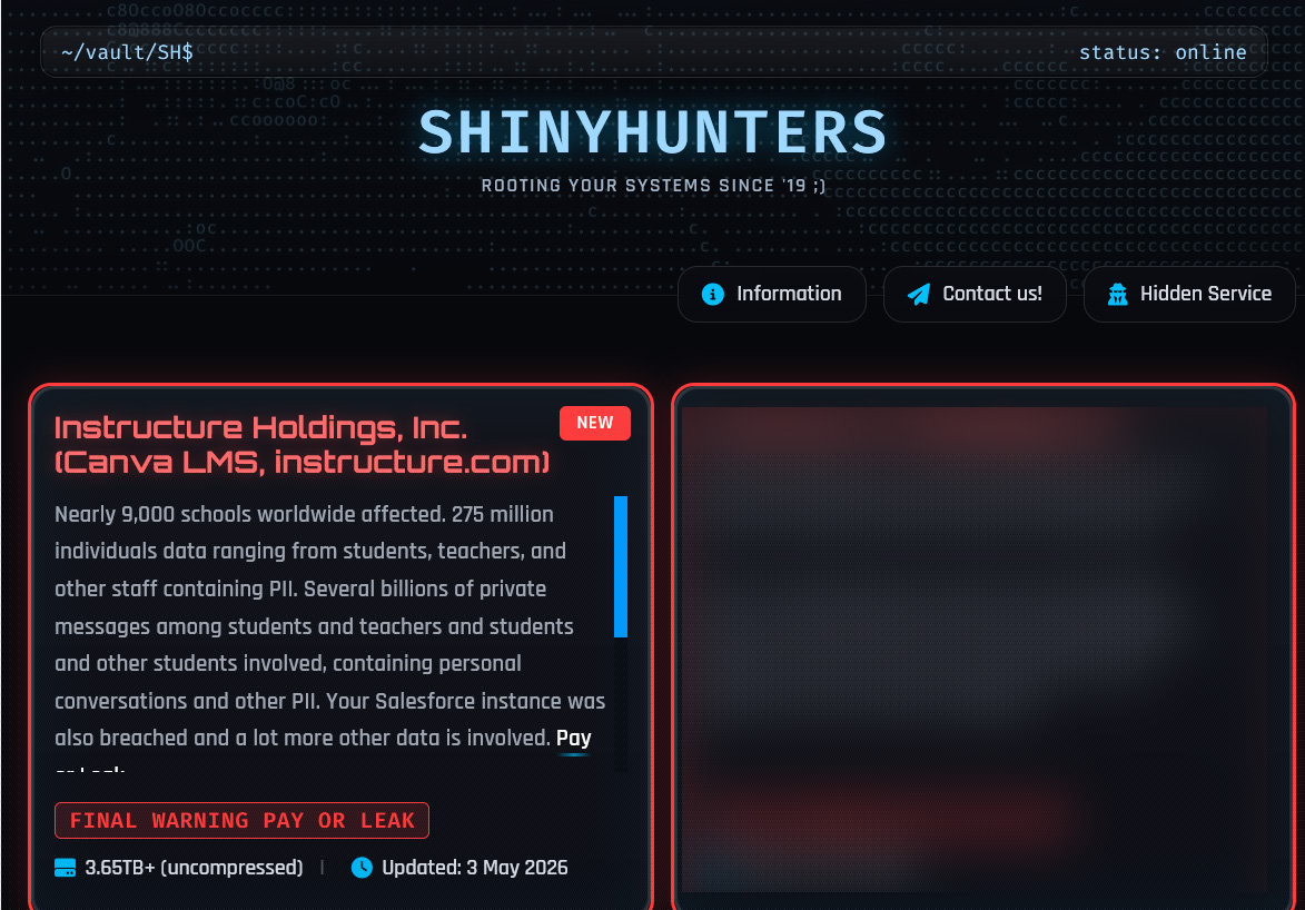Instructure listing on ShinyHunters data leak site