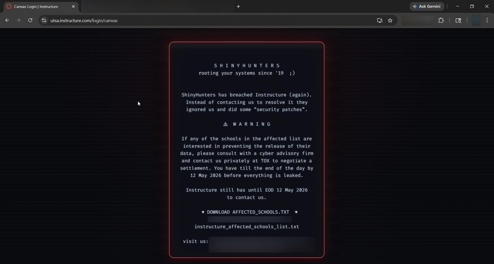 ShinyHunters message left on University of Texas San Antonio Canvas login page