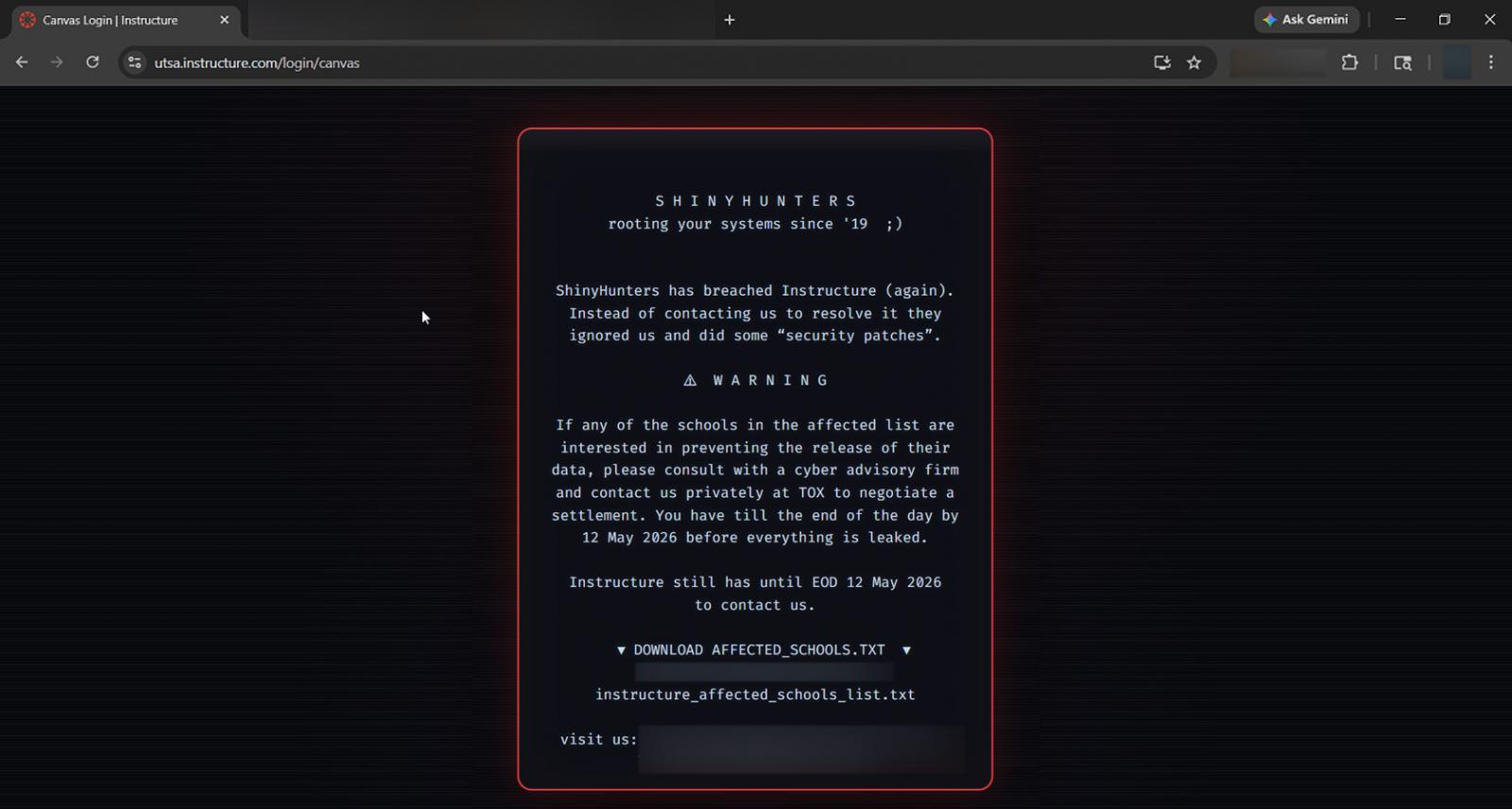 ShinyHunters' message on the University of Texas San Antonio's Canvas login page