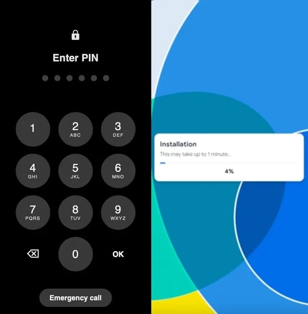 PIN overlay (left) and fake installation overlay (right)