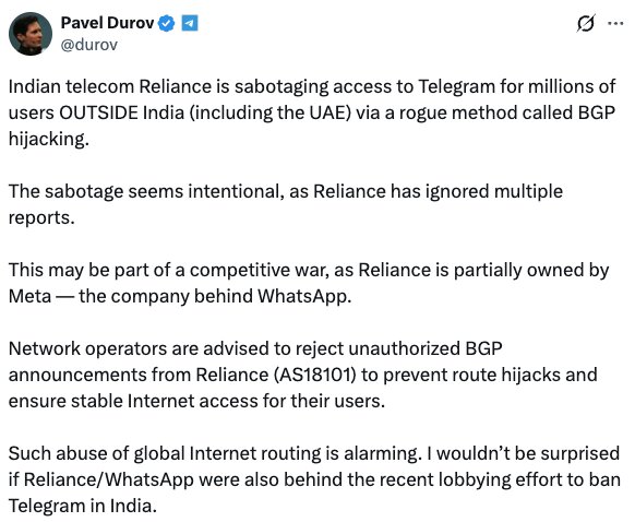 Telegram CEO accuses Indian telco of sabotage