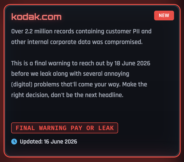 Kodak entry on ShinyHunters' leak site