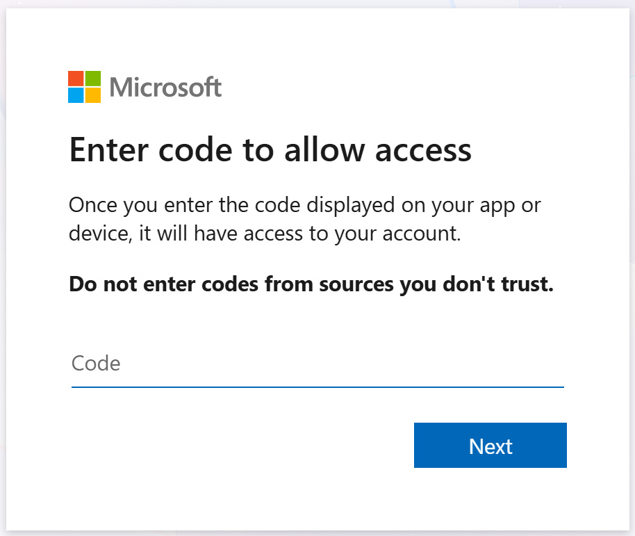 Microsoft's device code authentication login form