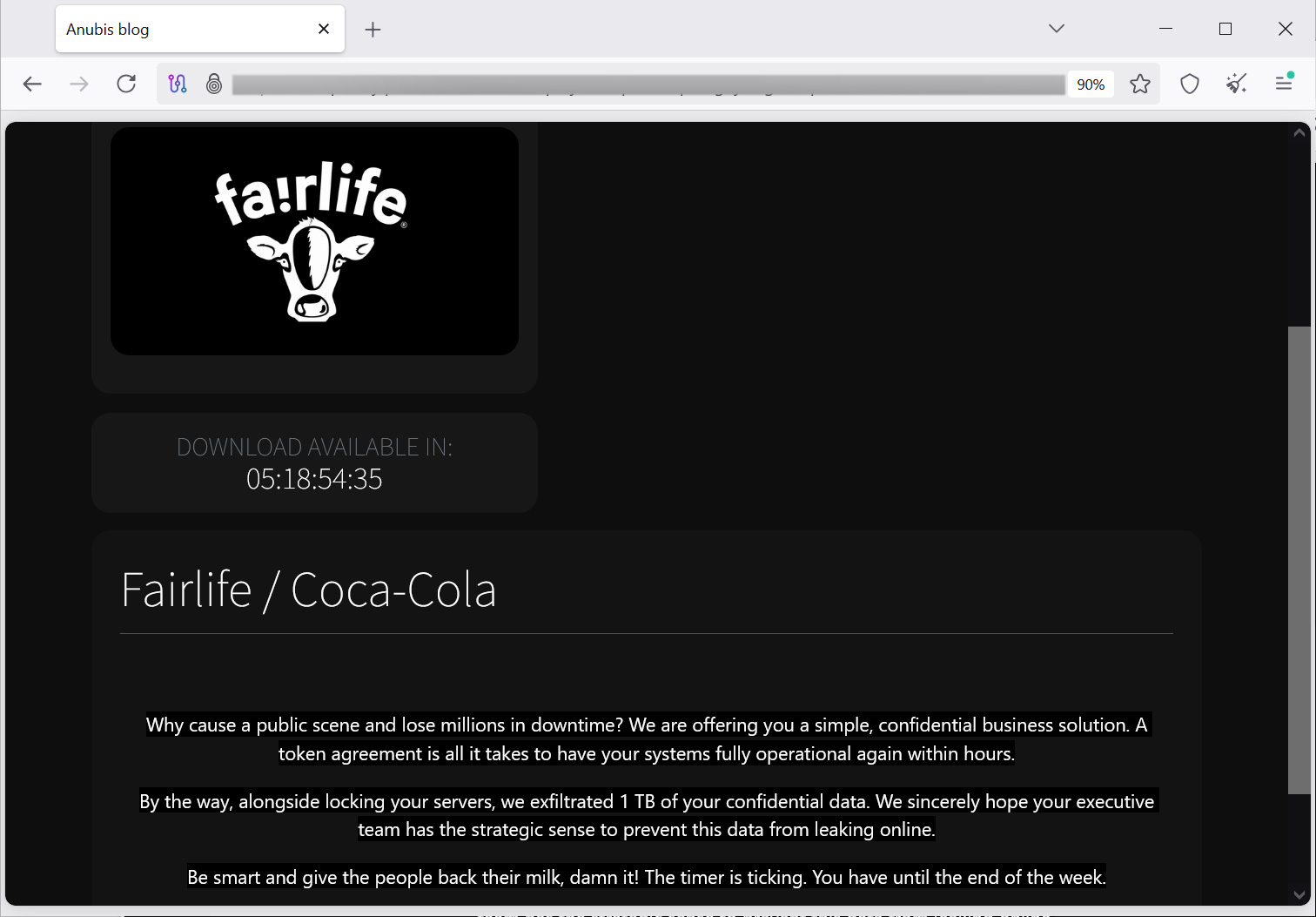 Coca Cola's Fairlife listed on Anubis data leak site