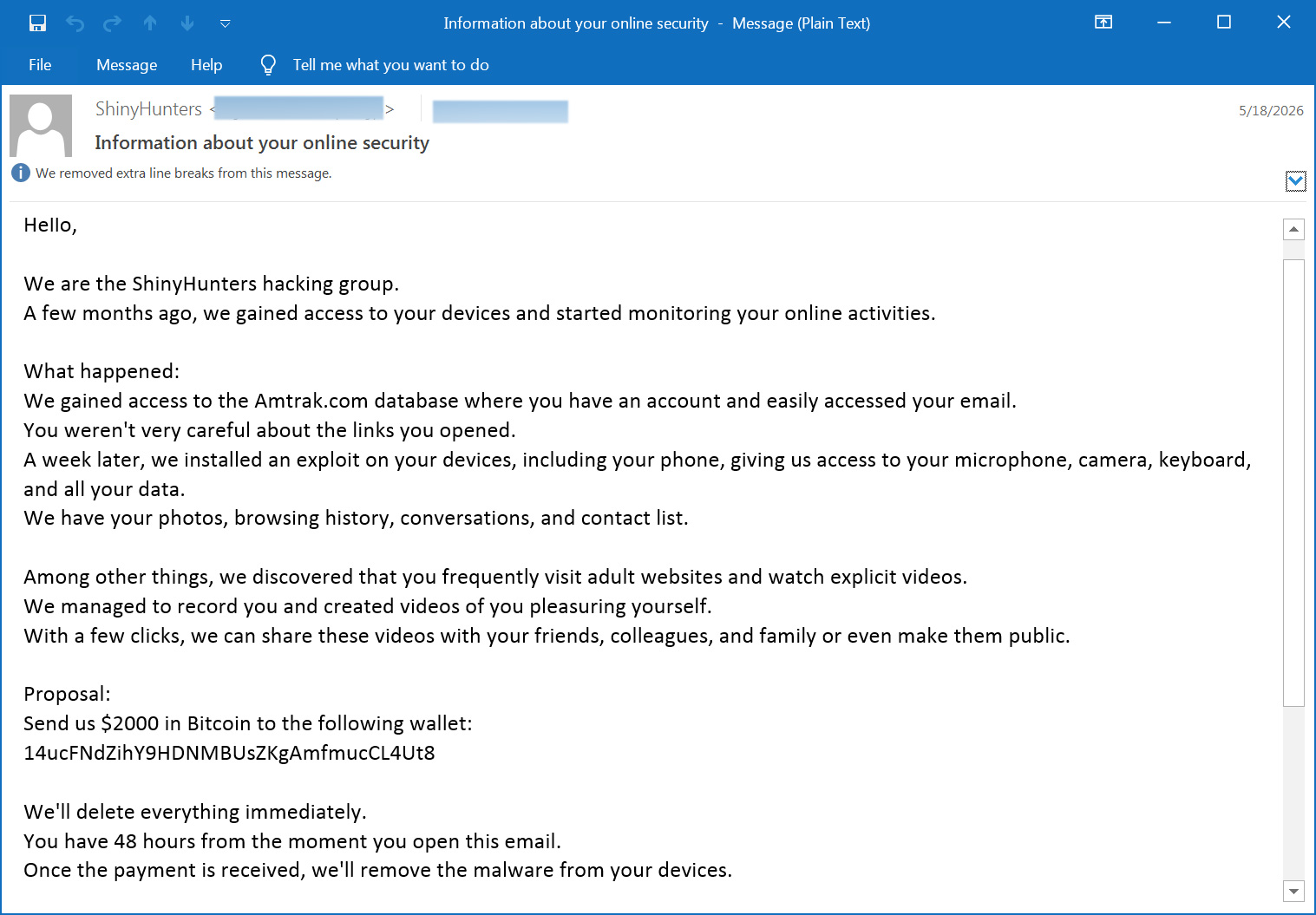 Sextortion email claiming to be from the ShinyHunters extortion group