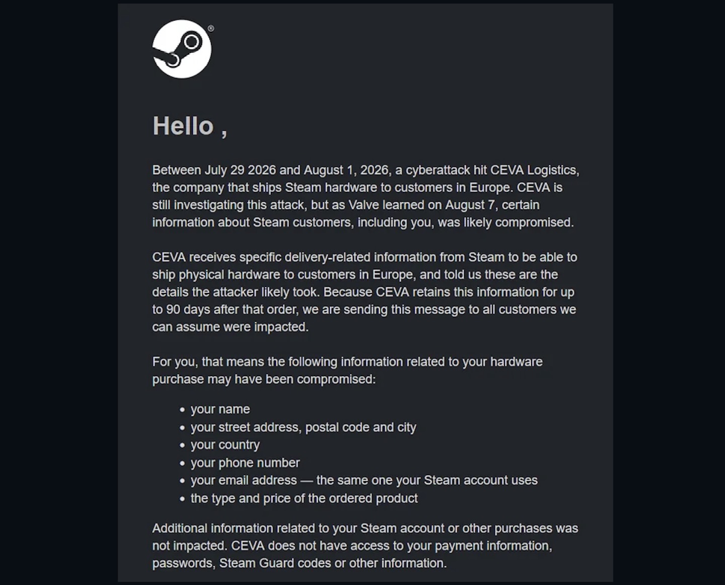 Valve data breach notification email