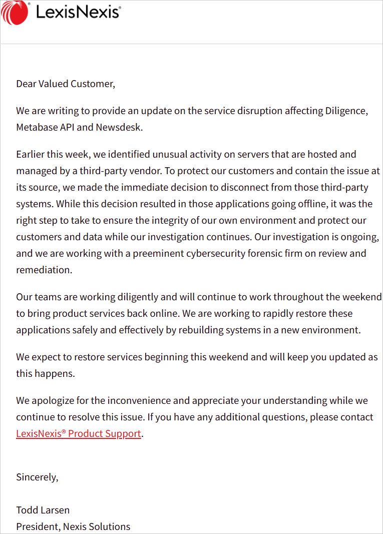 Service outage alert to customers