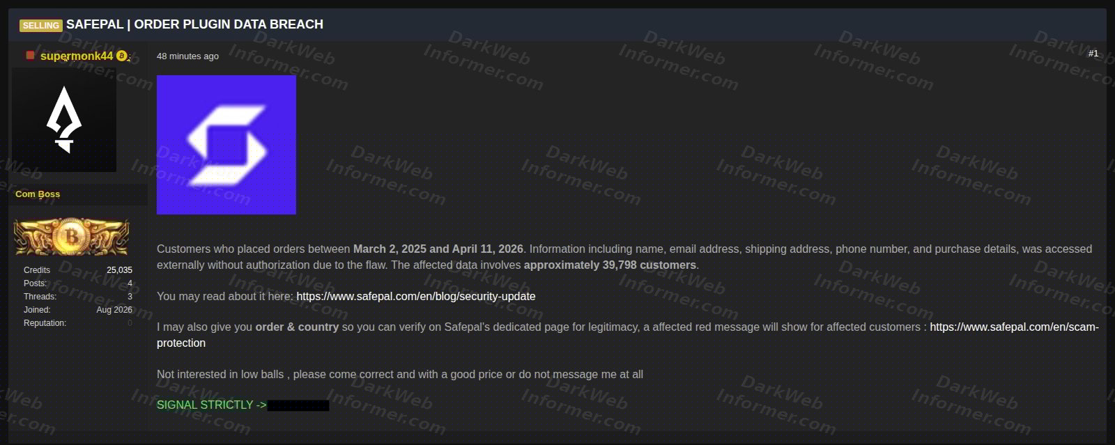 Stolen SafePal data being sold on a cybercrime forum