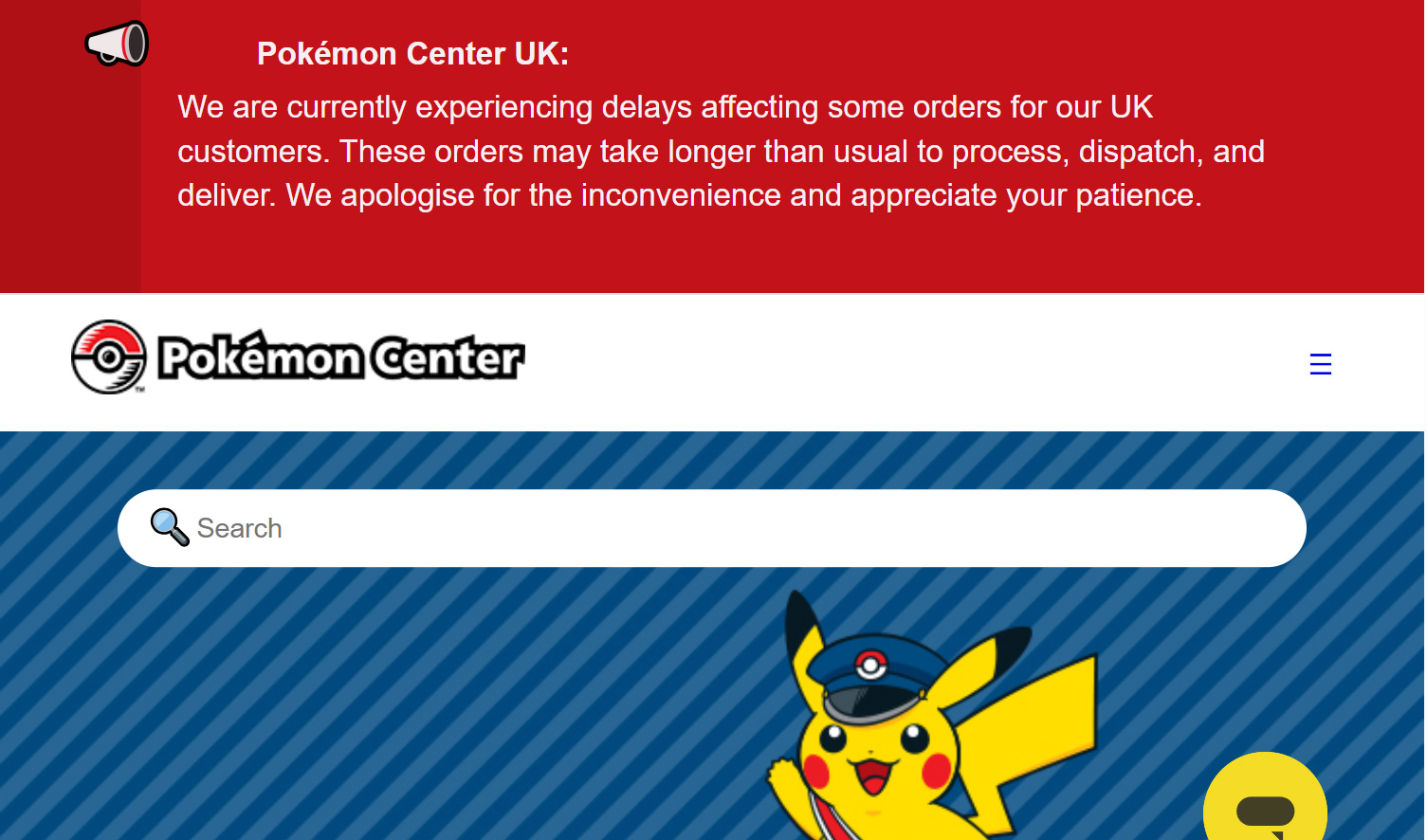 Message to UK customers on the Pokémon Center website