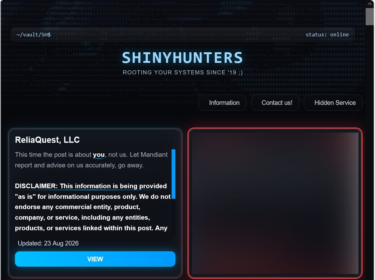 Post on the ShinyHunters extortion page