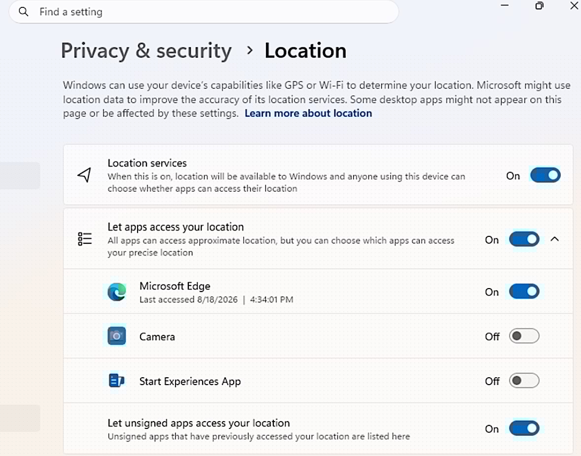 Windows 11 granular location privacy controls