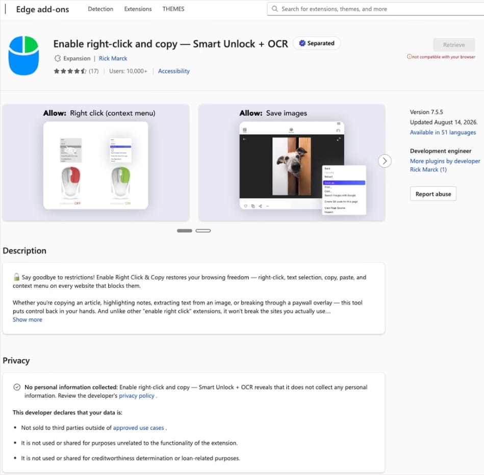 Malicious extensions available on the Edge add-ons store