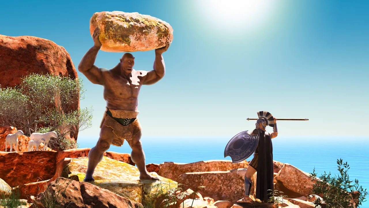 A cyclops throwing a bounder at a gladiator. A cyclops throwing a bounder at a gladiator.