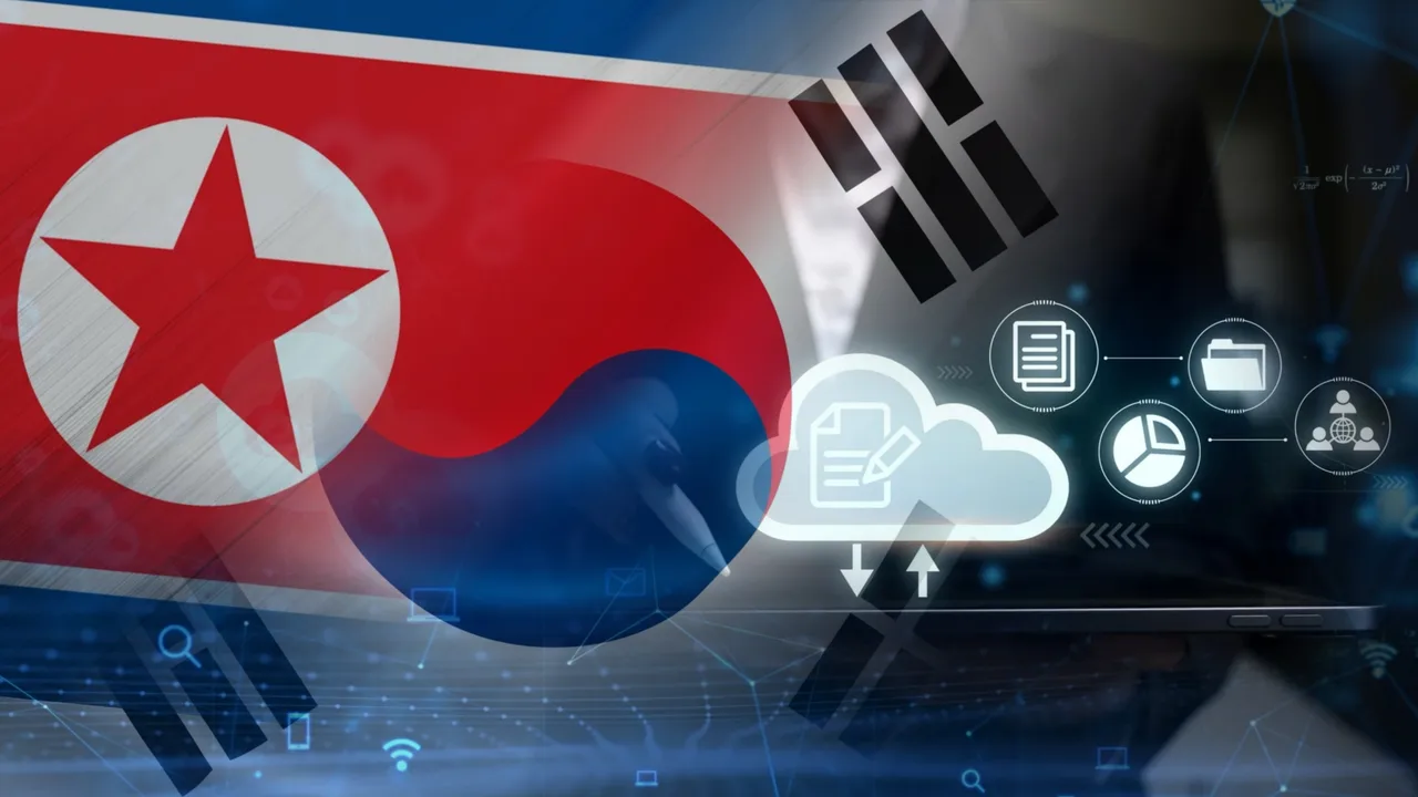 Digital versions of the flags of North Korea and South Korea beside tech icons. Digital versions of the flags of North Korea and South Korea beside tech icons.