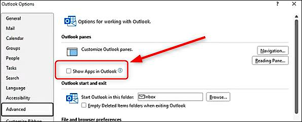 "Show Apps in Outlook" option