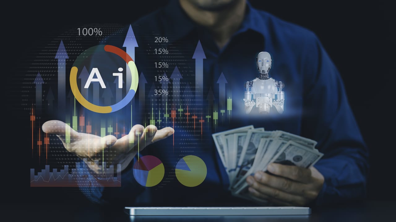 A graphic illustration of a man holding money in one hand and an AI icon in the other hand