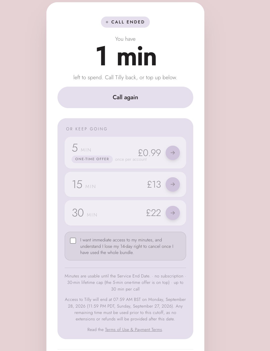 Users get free 5 minutes with Tilly before being asked to pay up