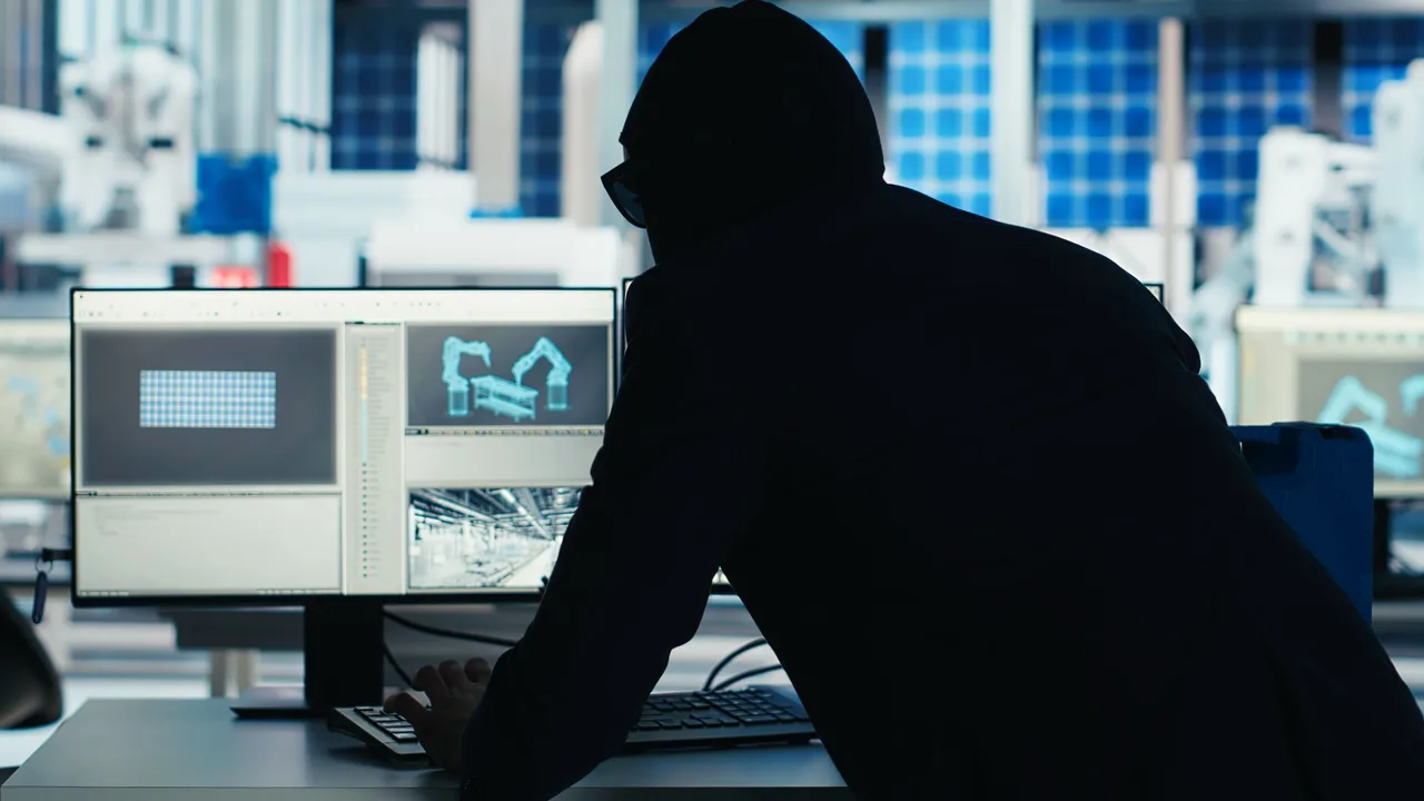 Silouette of a worker at a computer in a manufacturing fab