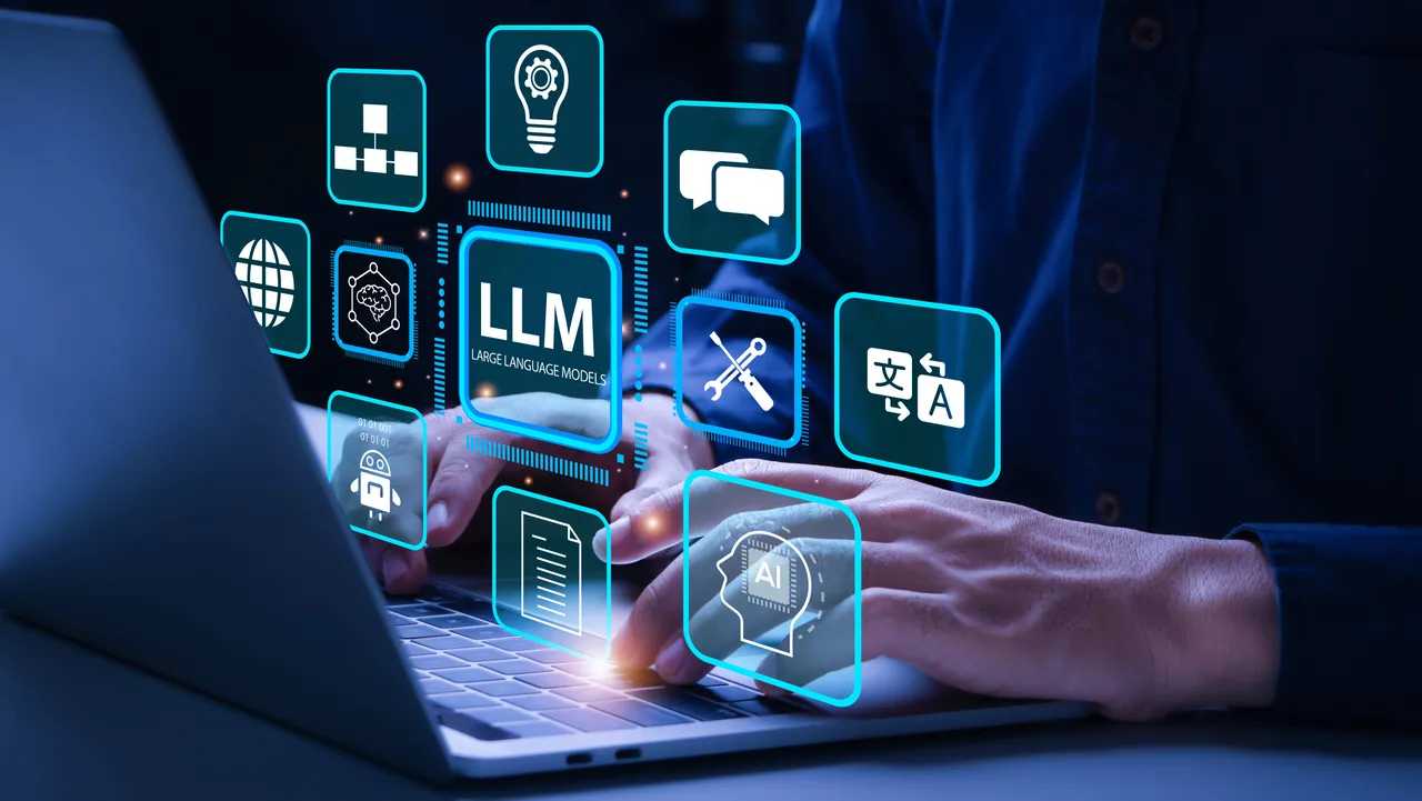 Hands typing on a keyboard with a transparent screen that says LLM surrounded by other tech icons