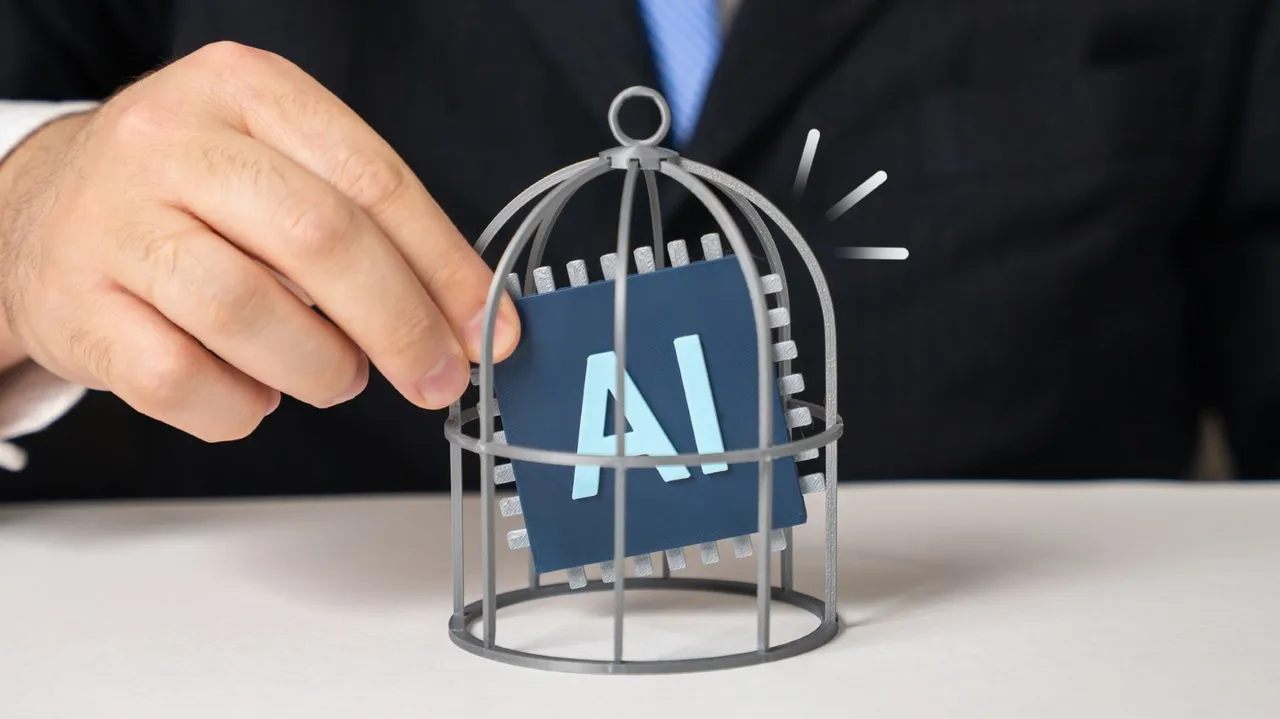 A hand holding an AI chip in a cage to show limitations on the AI's operation and its degree of freedom. A hand holding an AI chip in a cage to show limitations on the AI's operation and its degree of freedom.