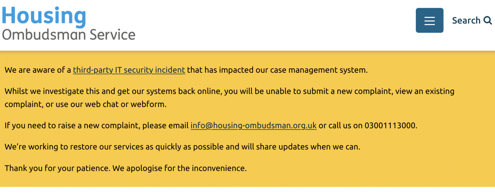 Housing Ombudsman Service alert